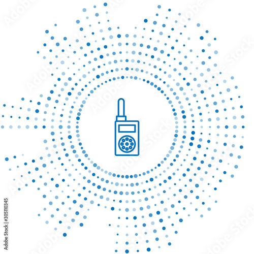Blue line Walkie talkie icon isolated on white background. Portable radio transmitter icon. Radio transceiver sign. Abstract circle random dots. Vector Illustration