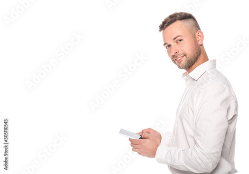 side view of businessman in white shirt using smartphone isolated on white