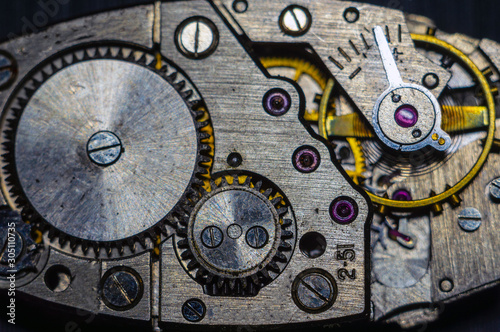 The mechanism of a wrist mechanical watch close-up.
