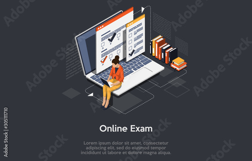 Isometric Online Exam concept, Education Online, can be used for web pages, templates, UI, mobile apps, banners, flyers.
