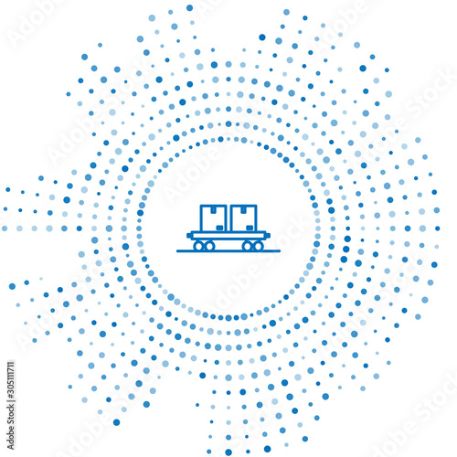 Blue line Railway carriage icon isolated on white background. Abstract circle random dots. Vector Illustration