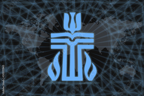 presbyterian symbol with modern design. With a dark background and a world map. Graphic concept for your design.