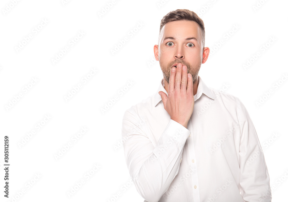 shocked businessman covering mouth with hand isolated on white shocked businessman covering mouth with hand isolated on white