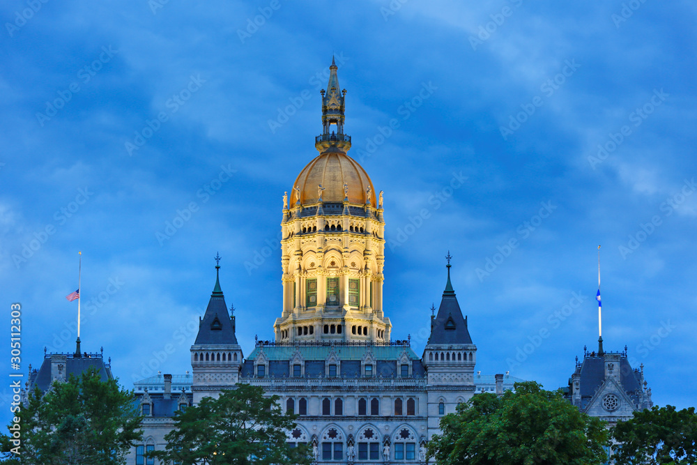 Connecticut State Capital after sunset, Hartford, CT. The building houses the Connecticut General Assembly; the upper house, the State Senate, and lower house, the House of Representatives.
