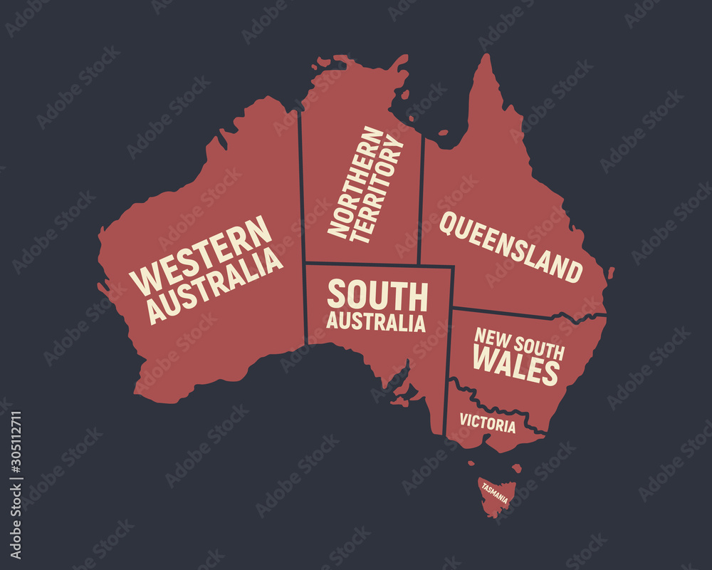 Australia map. Poster map of Australia with state names. Australian ...