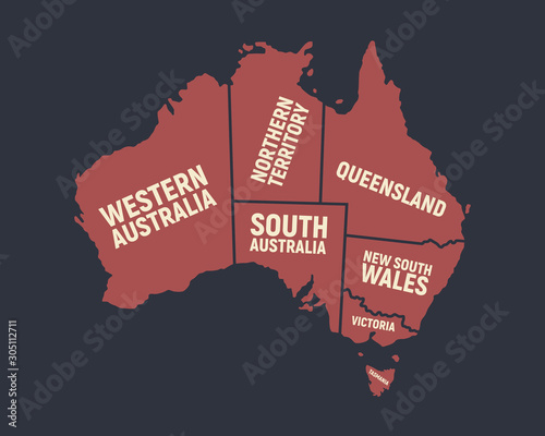 Australia map. Poster map of Australia with state names. Australian background. Vector illustration