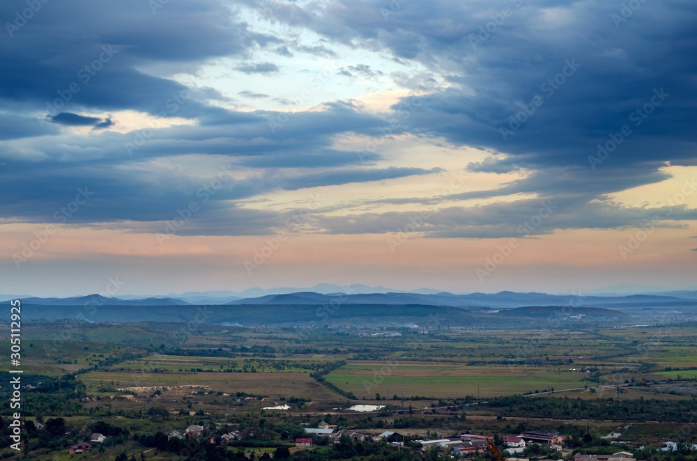 Top view on the evening city of Khust, Transcarpathia Ukraine
