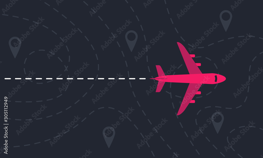 Plane flies over a landscape with map pointers and dashed lines. Motivation or travel concept. Vector illustration - obrazy, fototapety, plakaty 