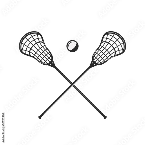 Lacrosse sticks and ball silhouettes isolated on white background. Crossed lacrosse sticks. Vintage design elements for logo, badges, banners, labels. Vector illustration