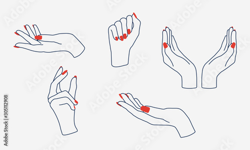 Set of girl, woman hands with manicure. Modern flat design elements for logo, banners, emblems, labels. Fashion business. Vector illustration