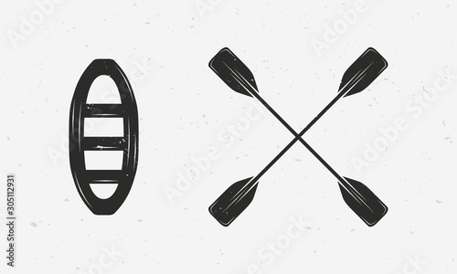 Raft and paddles silhouettes isolated on white background. Vector extreme water sport icons.