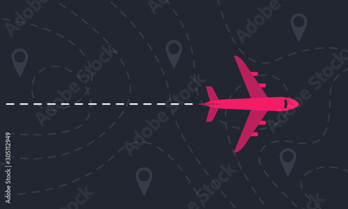 Plane flies over a landscape with map pointers and dashed lines. Motivation or travel concept. Vector illustration