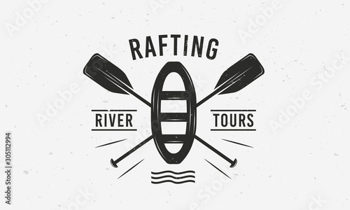 Rafting, kayaking logo, badge, label. Vintage extreme sport logo, poster template. Vintage typography. Vector Illustration