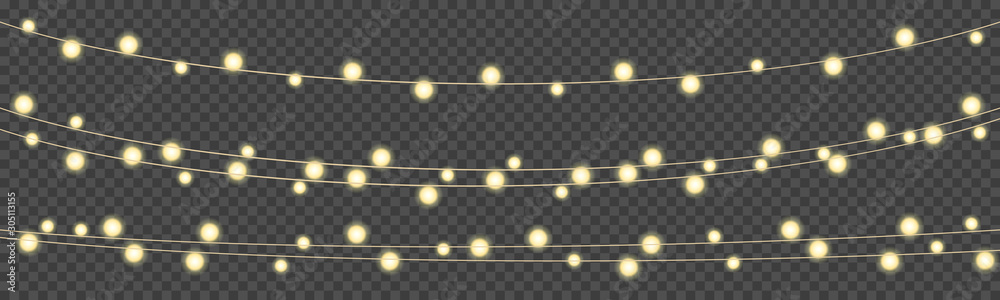 Illustration of a string of colorful holiday lights, Christmas lights isolated realistic design elements, glowing lights for greeting card design, bright garlands – vector - obrazy, fototapety, plakaty 