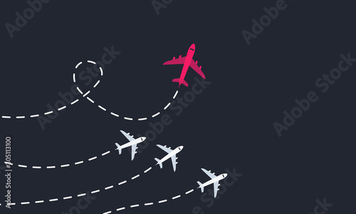 Red plane fly out from other planes. Unique direction. Think differently - business concept. Modern motivation poster, banner.  Vector illustration