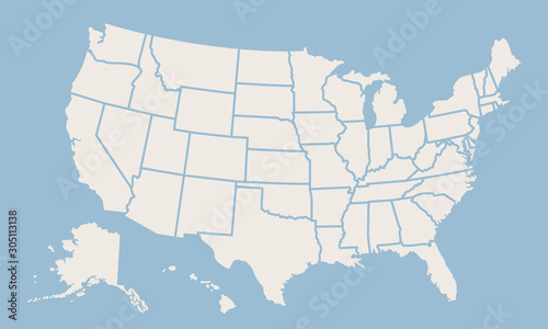 USA map isolated on blue background. United States of America map. Vector template.