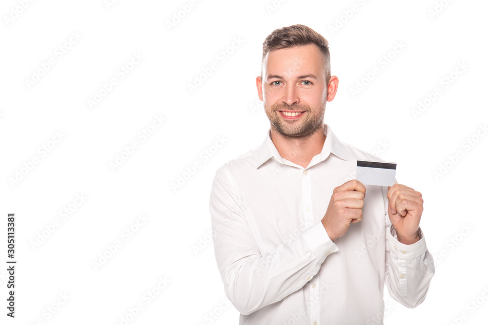 smiling businessman holding credit card isolated on white smiling businessman holding credit card isolated on white