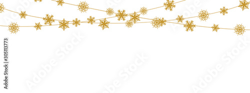 Snowflake border background for Christmas card. New Year golden decoration. Hanging glitter snowflake - stock vector