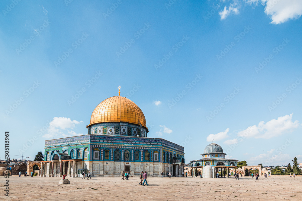 Dome Of The Rock is an Islamic shrine located on the Temple Mount in the Old City of Jerusalem.