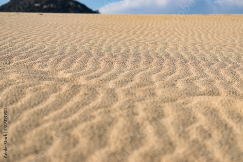 Close up beach sand texture with wavy ripple surface. Summer holiday travel concept.