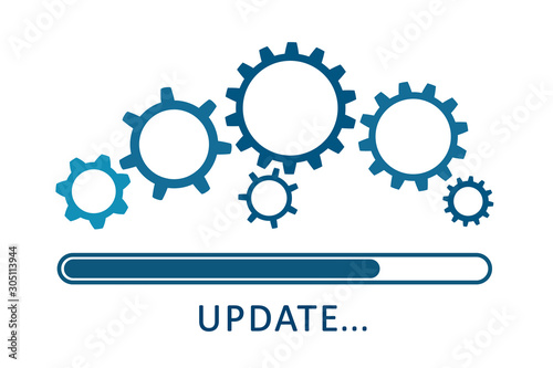 Update icon with gears. Loading or updating files, install new software, operating system, update support, setting options, maintenance, adjusting app process, service concept – stock vector photo