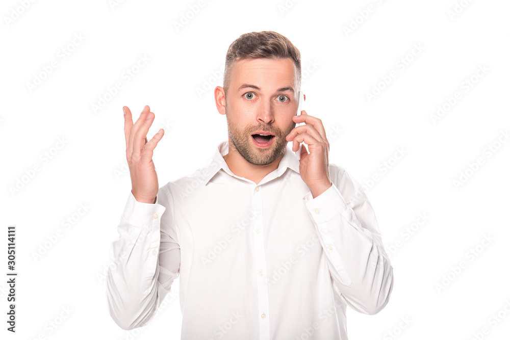 shocked businessman talking on smartphone isolated on white shocked businessman talking on smartphone isolated on white