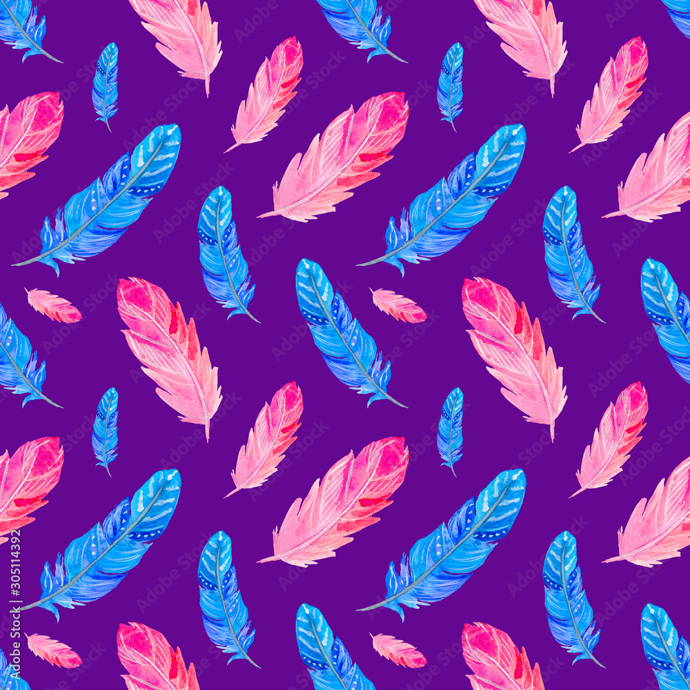 Watercolor seamless pattern with pink and blue feathers on purple background. Hand painted illustration. Watercolor seamless pattern with pink and blue feathers on purple background. Hand painted illustration.