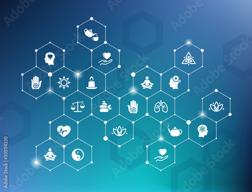 mindfulness / meditation / relaxation concept – connected icons related to mindful living, awareness, stress-relief - vector illustration