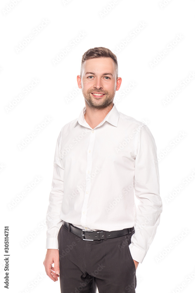 smiling businessman with hand in pocket isolated on white smiling businessman with hand in pocket isolated on white