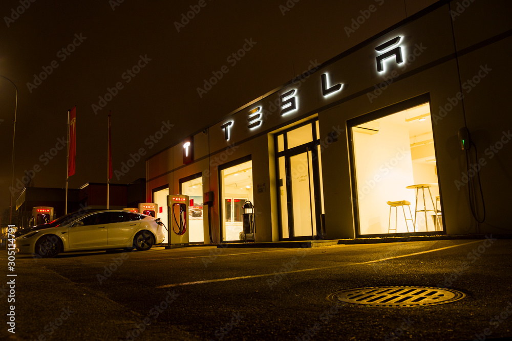 TRAUN, AUSTRIA November 21, 2019 Tesla Super Charging station in