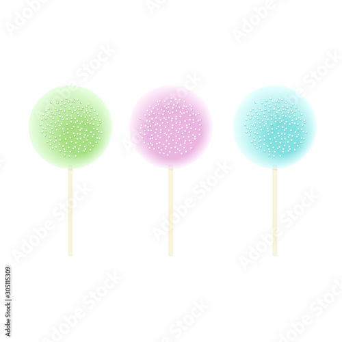 Three Lollipops green, pink, blue. Set isolated on white. icing and sprinkles, Vector illustration.