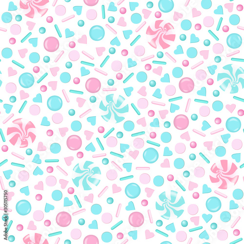 Rose and blue sweet Sprinkles seamless pattern. pearl sugar, candy, lollipop, hearts, icing