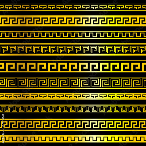 Set of Greek traditional seamless meander vector borders. Vector illustration, isolated on black background