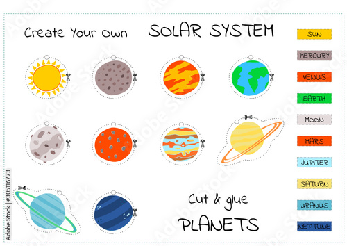 Set of hand drawn cartoon planets of the solar system. Solar system with names, vector illustration. Children's education, educational cut & glue or cut & match game