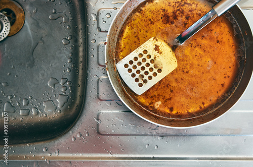 Dirty greasy steel pan with perforated spatula. Placed on top of a steel kitchen sink with water droplets all around photo