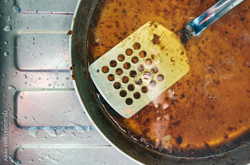 Dirty greasy steel pan with perforated spatula. Placed on top of a steel kitchen sink with water droplets all around. Closeup shot