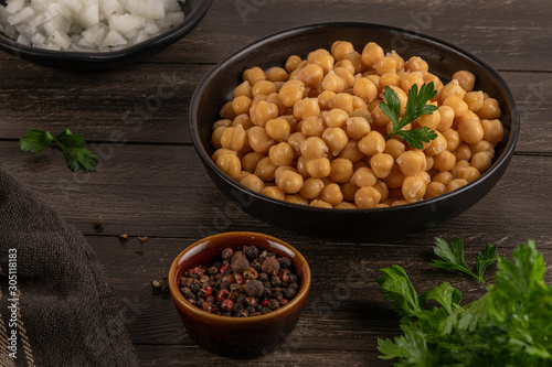 Chickpeas in a bowl on kitchen countertop