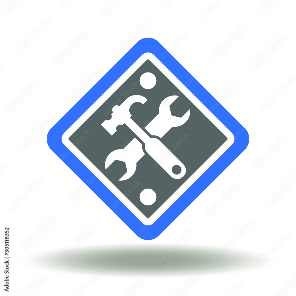 Rhombus attention sign with hammer and wrench icon. Under construction logo. Road repair symbol. Rhombus attention sign with hammer and wrench icon. Under construction logo. Road repair symbol.