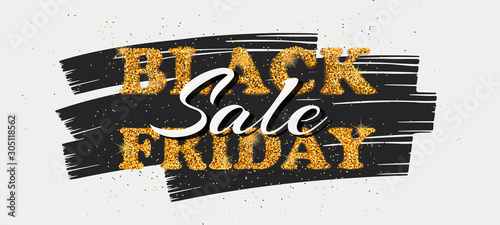Black friday sale banner with gold glitter text. Shopping discount promotion concept. Template of poster for business, purchasing, promotion and advertising. Vector illustration.	