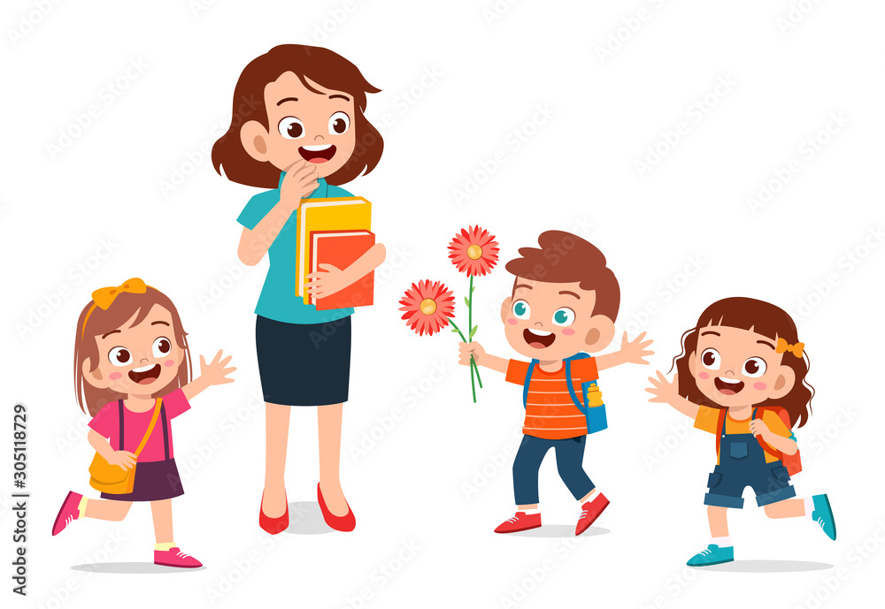 happy cute kid give flower to teacher