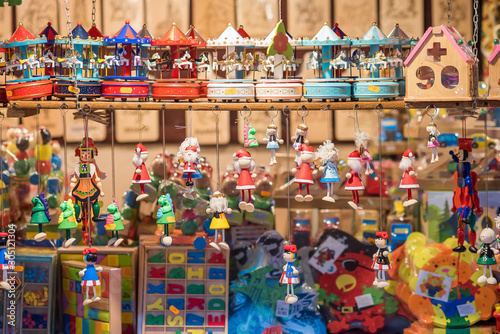 Christmas glass ornaments shop on Christmas market in Europe © gorynvd