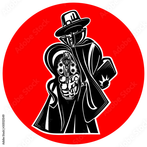 A gangster in a hat and raincoat with a suitcase holds a revolver in his hand and aims a threatening gesture against the background of a red circle