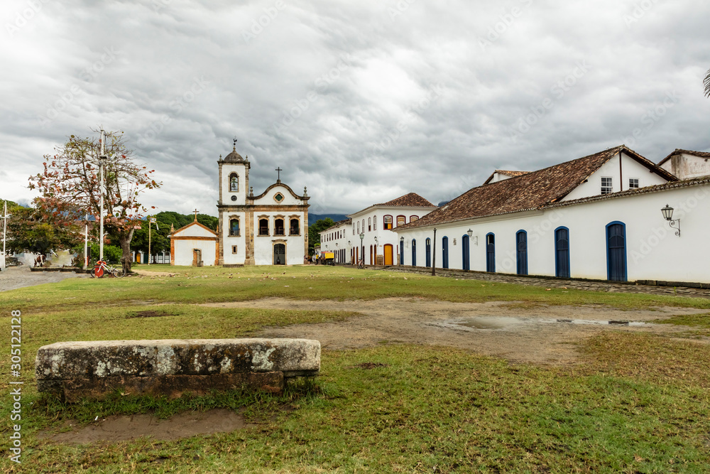 Church and street in the famous tourist city of Paraty. Colonial historic center of Paraty, Rio de Janeiro, Brazil. World Heritage