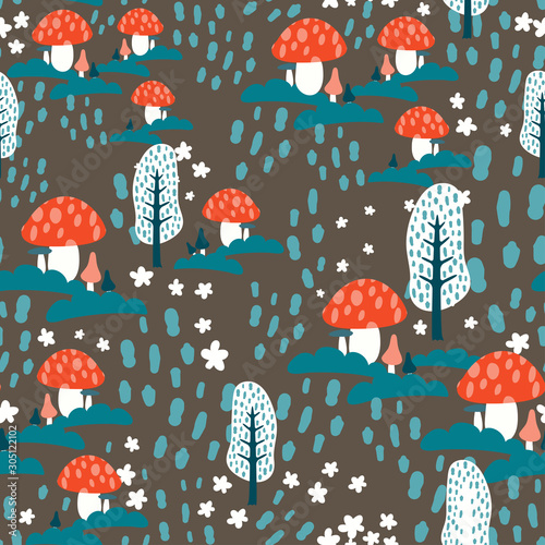 Seamless pattern with simple cute cartoon trees and mushrooms. Vector illustration