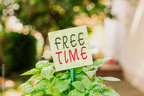 Text sign showing Free Time. Business photo text time available for hobbies and other activities that you enjoy Plain empty paper attached to a stick and placed in the green leafy plants © Artur