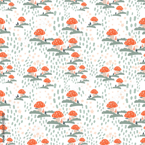 Seamless pattern with simple cute cartoon mushrooms. Vector illustration