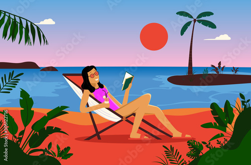 Woman relaxing in sunset on a beach, reading a book, having a drink, recreation, freedom, vacation and travel concept. Palm trees, sand and ocean in background. Vector illustration.
