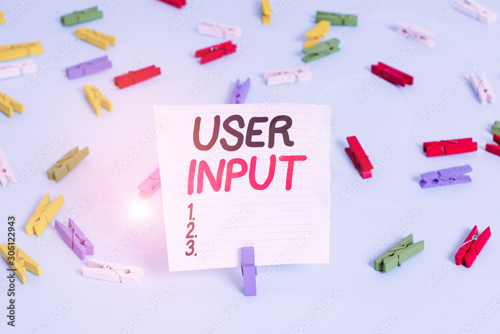 Word writing text User Input. Business photo showcasing Any information or data that is sent to a computer for processing Colored clothespin papers empty reminder blue floor background office pin Word writing text User Input. Business photo showcasing Any information or data that is sent to a computer for processing Colored clothespin papers empty reminder blue floor background office pin