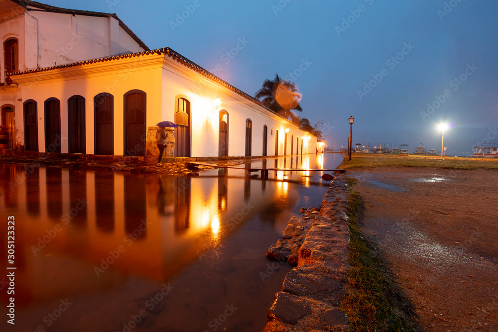 Street at night in the historic center of Paraty, Rio de Janeiro, Brazil, World Heritage. Paraty is a preserved Portuguese colonial and Brazilian imperial city.