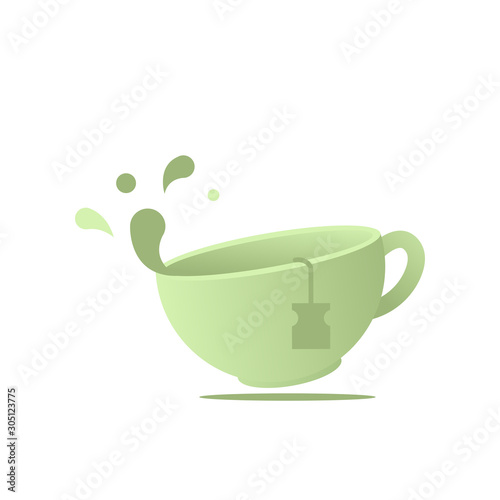 Cup with label of green tea levitation with drops isometric